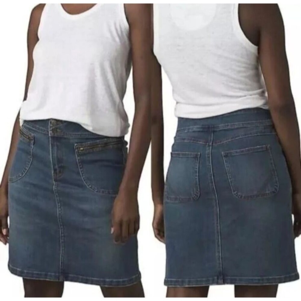 PrAna Broadway Denim Mini Skirt True Blue Zipper Pockets Size 2 NWT
